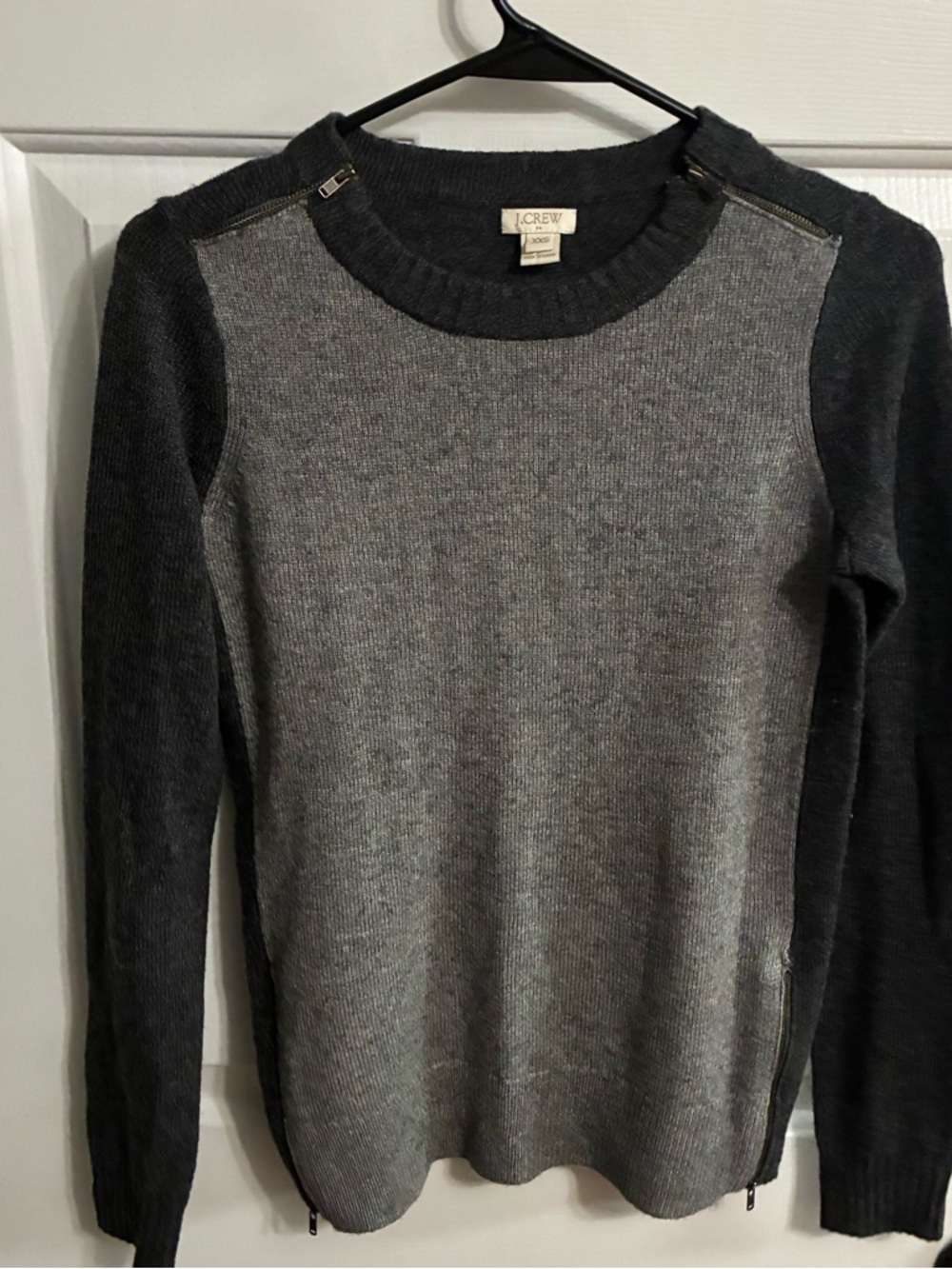 J. Crew Two-Tone Gray Crewneck Sweater with Zip-Shoulder Detail